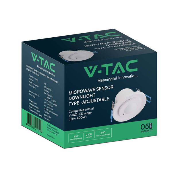 V-TAC VT-80360 Microwave Bewegingssensor - IP20 - Witte behuizing - 5 jaar