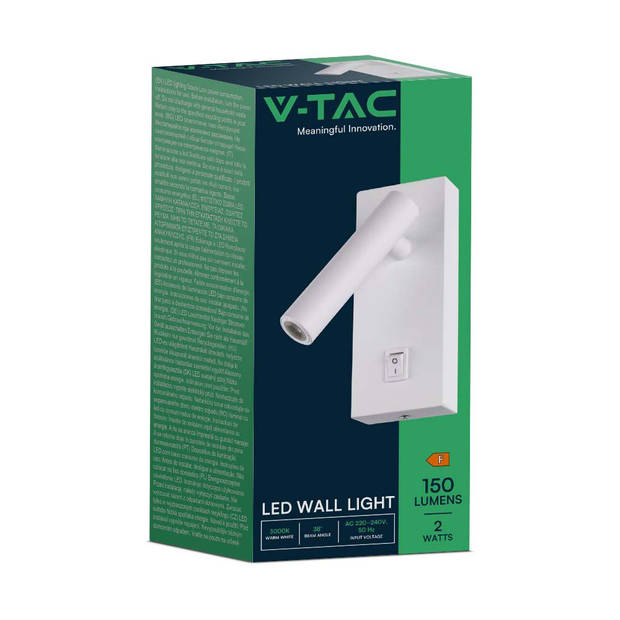 V-TAC VT-402-W LED Wandlamp - Enkele kop - IP20 - Witte behuizing - 2 Watt - 150 Lumen - 4000K