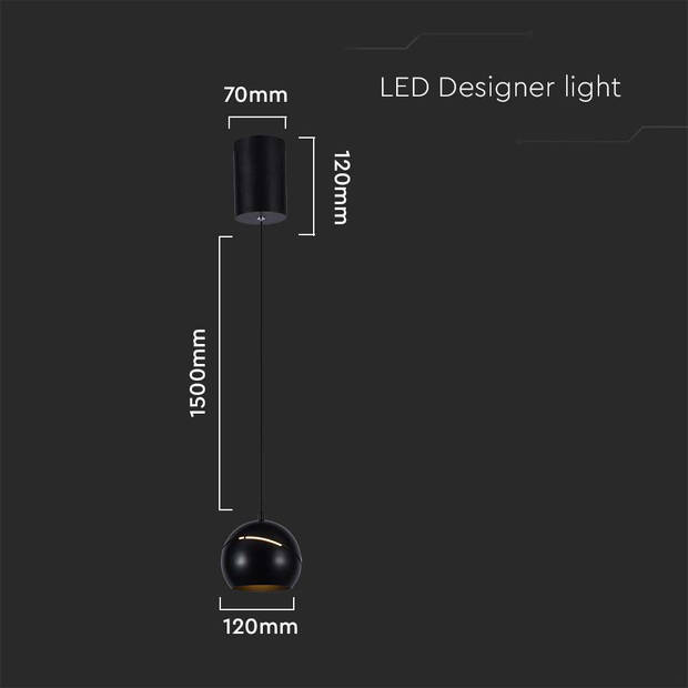V-TAC VT-7796-B Designer plafondlampen - Designer hanglampen - IP20 - Zwarte behuizing - 8,5 watt - 850 lumen - 3000K
