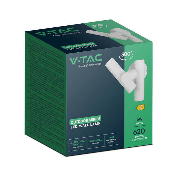 V-TAC VT-1186-W Buitenverlichting - Verstelbare wandlamp - IP44 - Wit Behuizing - 6 Watt - 620 Lumen - 3000K