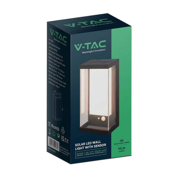V-TAC VT-1193-B wandlamp op zonne-energie - IP54 - Zwarte behuizing - 95 Lumen - 3000K