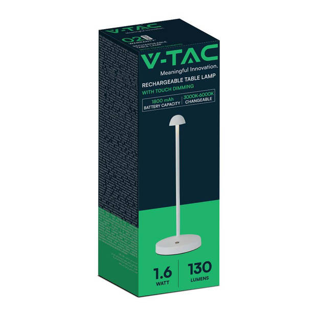 V-TAC VT-1073-W Oplaadbare tafellamp - IP20 - Wit lamphuis - 1,6 Watt - 130 Lumen - 3IN1