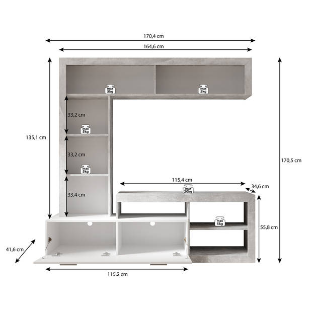 Meubella Wandmeubel Gladys - Betonlook - Wit