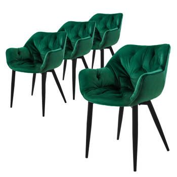 ML-Design Eetkamerstoelen set van 4 donkergroen, keukenstoel met dik fluweel gestoffeerde zitting, metalen poten,