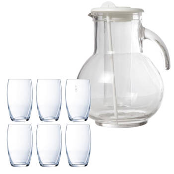 Cosy & Trendy schenkkan/waterkan van glas 2.0 liter met 6x waterglazen van 375 ml - Drinkglazen