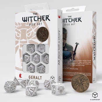 Q-Workshop The Witcher Dice Set - Geralt - De Witte Wolf (7 stuks + munt)