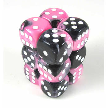 Chessex Gemini Black-Pink/white D6 16mm Dobbelsteen Set (12 stuks)