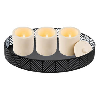 LED kaarsen met deksel - 3x - beton wit - met zwart rond dienblad 29,5 cm - LED kaarsen