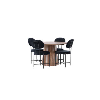 Lanzo eethoek tafel naturel en 4 Stella stoelen zwart.