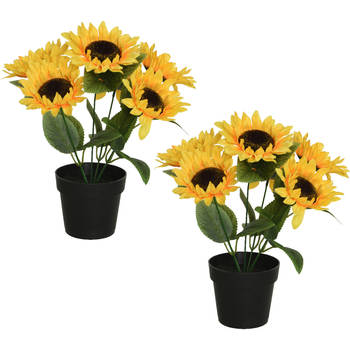 Everlands kunst zonnebloemen 28 cm - 2x stuks - Kunstplanten