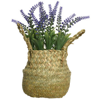 Everlands Lavendel kunstplant in rieten mand - lila paars - D16 x H27 cm - Kunstplanten