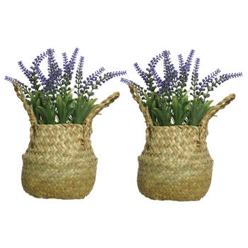 Everlands Lavendel kunstplant in rieten mand - 2x - lila paars - D16 x H27 cm - Kunstplanten