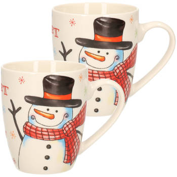 2x stuks kerstmok/wintermok sneeuwpop met zwarte hoed en rode sjaal van poreselein 10 cm - Bekers
