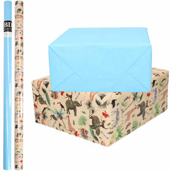 4x Rollen kraft inpakpapier jungle/oerwoud pakket - dieren/blauw 200 x 70 cm - Cadeaupapier