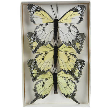 Decoris Kerstdecoratie vlinders op clip - 3x - lichtgeel - 12 x 8 cm - Kersthangers
