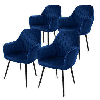 ML-Design set van 4 eetkamerstoelen met rugleuning en armleuningen, blauw, keukenstoelen met fluwelen bekleding,
