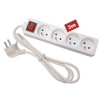 Perel Stekkerdoos met schakelaar, 4 stopcontacten met penaarde (type E), kabel 3 m, 3G1.5, gebruik binnenshuis, wit