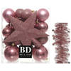 Kerstversiering kerstballen 5-6-8 cm met ster piek en sterren slingers pakket oud roze van 35x stuks - Kerstbal