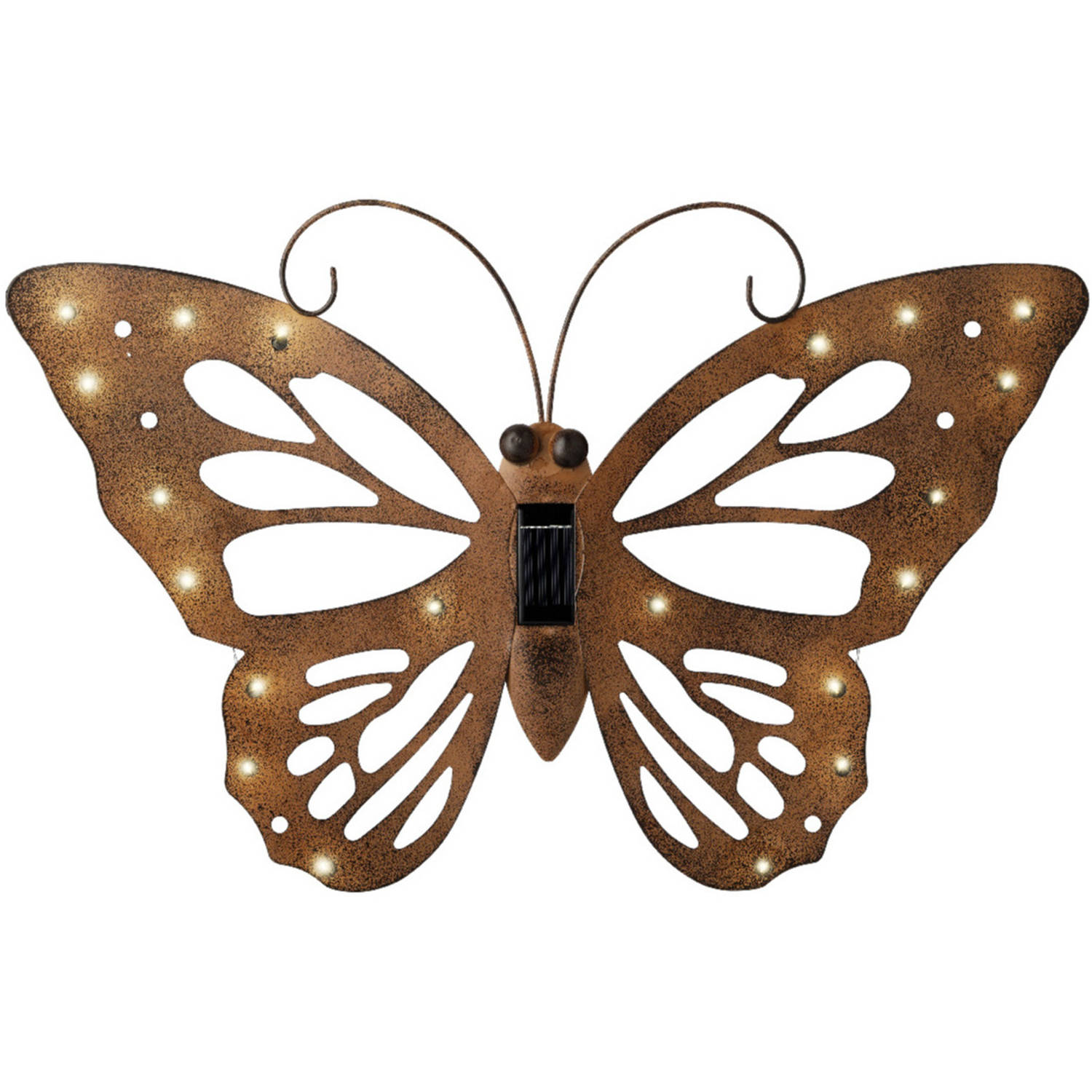 Lumineo tuindecoratie vlinder met solar verlichting - 53 x 35 cm - roestbruin - tuinverlichting