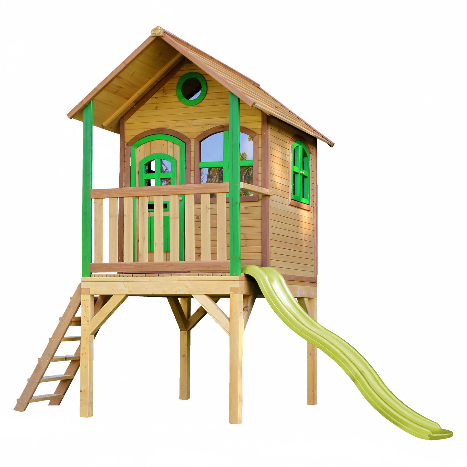 AXI Laura Speelhuis op palen & limoen groene glijbaan Speelhuisje voor de tuin-buiten in bruin & gro