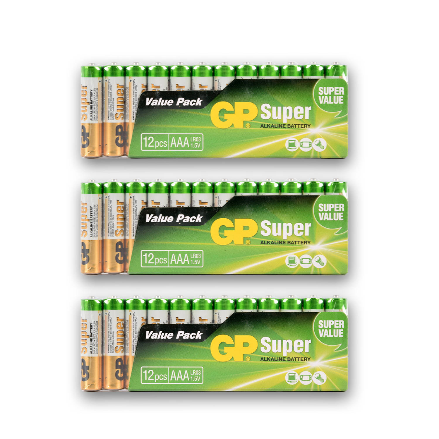 GP Super Alkaline AAA Batterijen - 36 Stuks (3 Sets van 12) | LR03/1.5V | Lange Levensduur & Betrouwbare Energie voor Elektronica