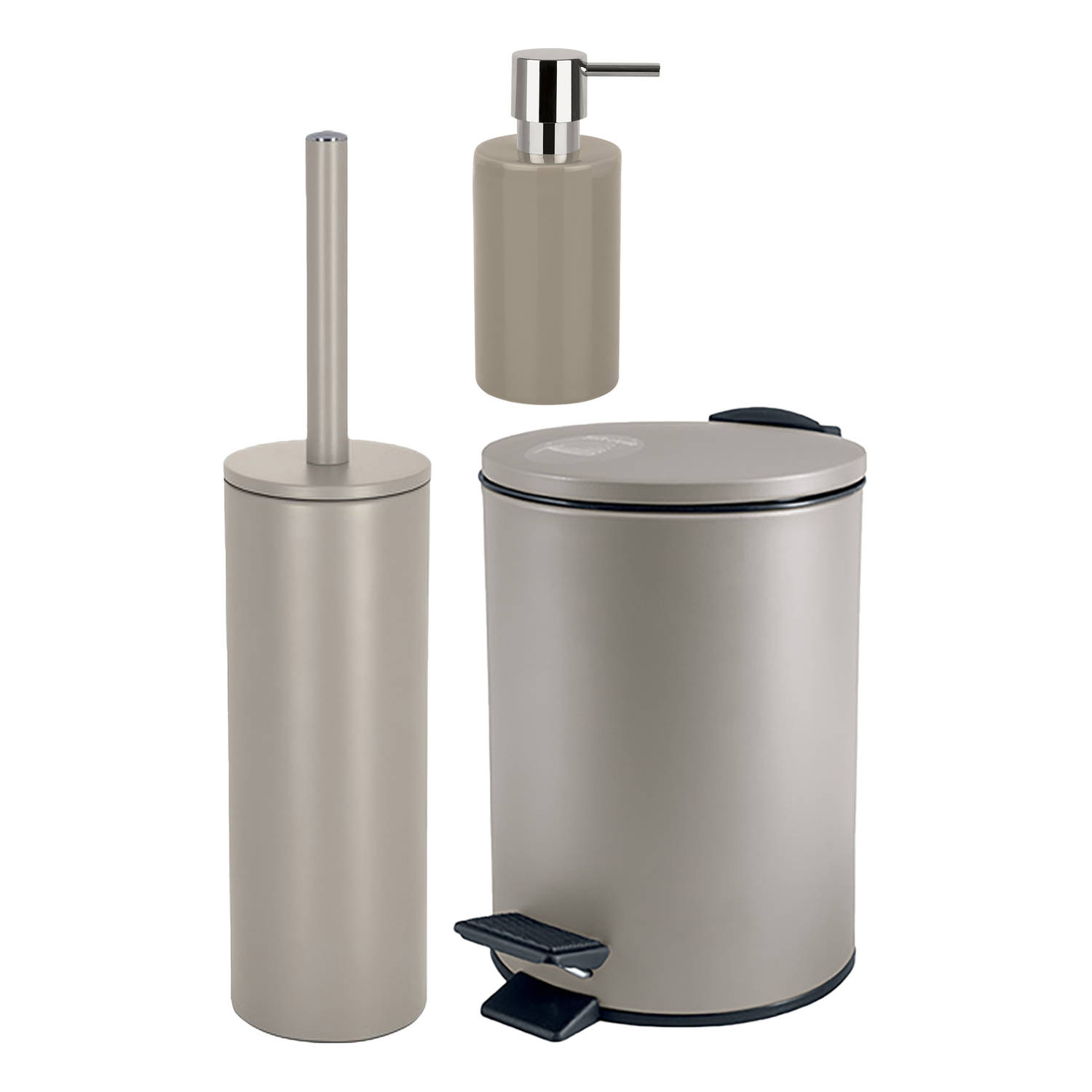 Spirella Badkamer accessoires set WC-borstel-pedaalemmer-zeeppompje beige Badkameraccessoireset