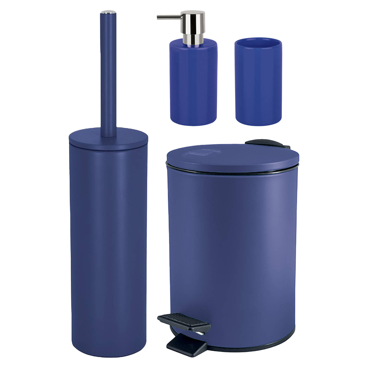 Spirella Badkamer accessoires set WC-borstel-pedaalemmer-zeeppompje-beker donkerblauw Badkameraccess