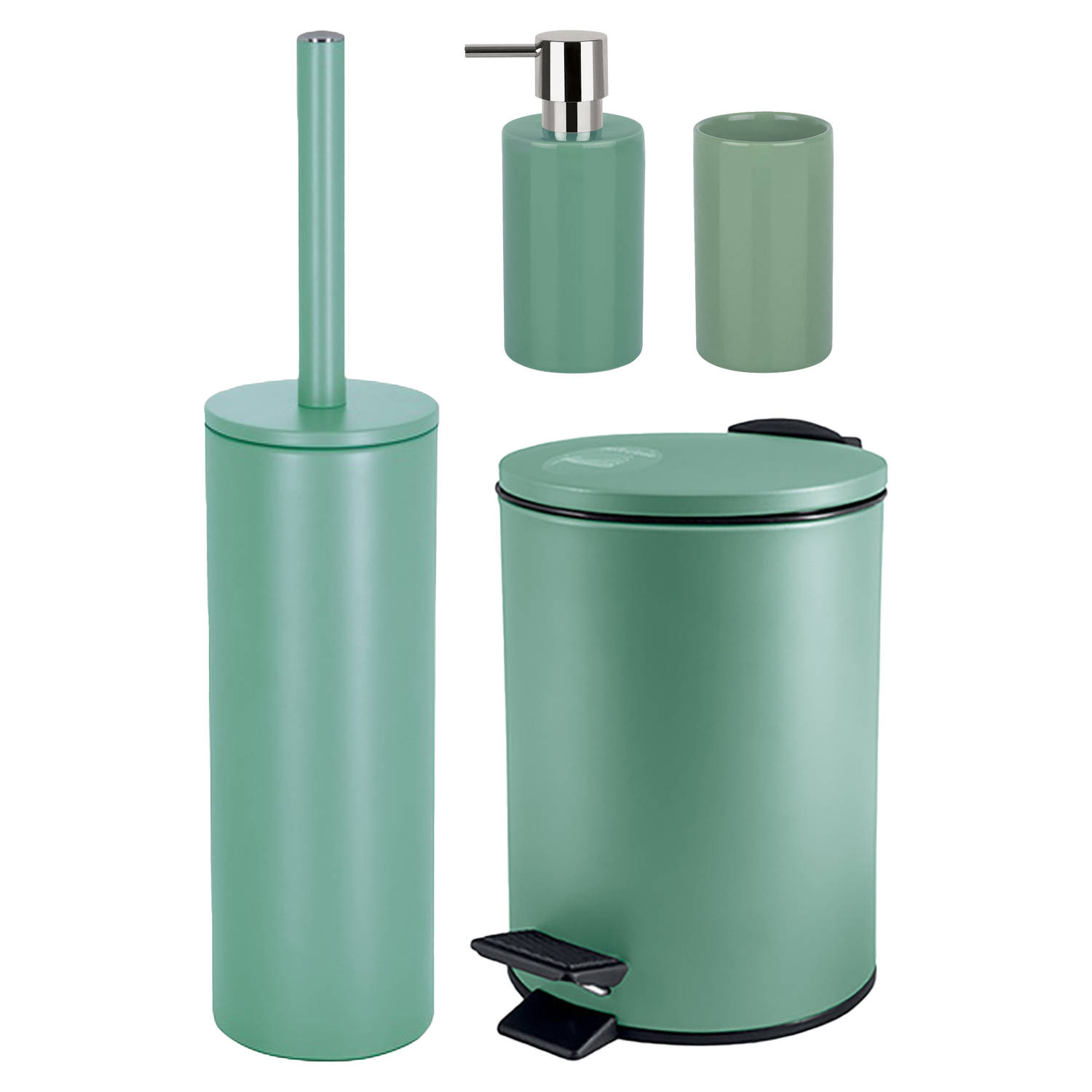 Spirella Badkamer accessoires set WC-borstel-pedaalemmer-zeeppompje-beker salie groen Badkameraccess