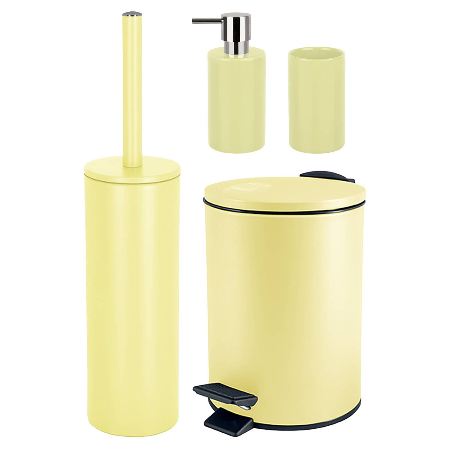 Spirella Badkamer accessoires set WC-borstel-pedaalemmer-zeeppompje-beker geel Badkameraccessoireset