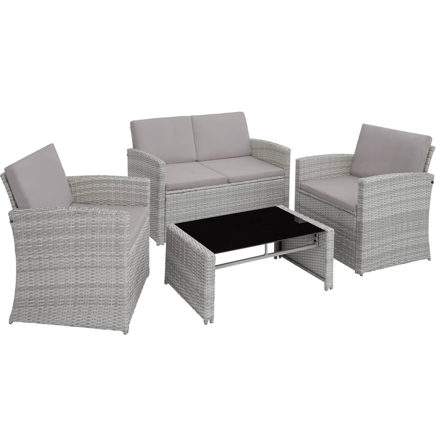 tectake® - Wicker zitgroep loungeset tuinset Lucca - 1 bank - 2 stoelen - 1 tafel met glasplaat - lichtgrijs grijs - 405016