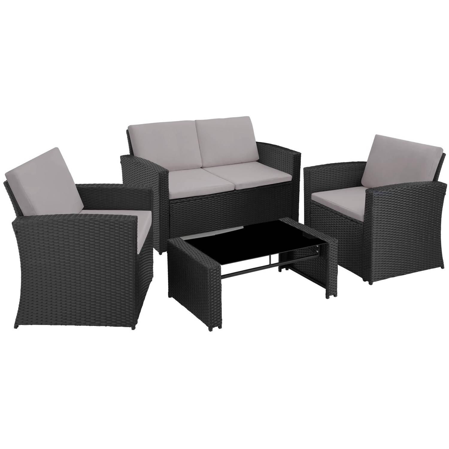 tectake® - Wicker zitgroep loungeset tuinset Lucca - 1 bank - 2 stoelen - 1 tafel met glasplaat - zwart grijs - 405015