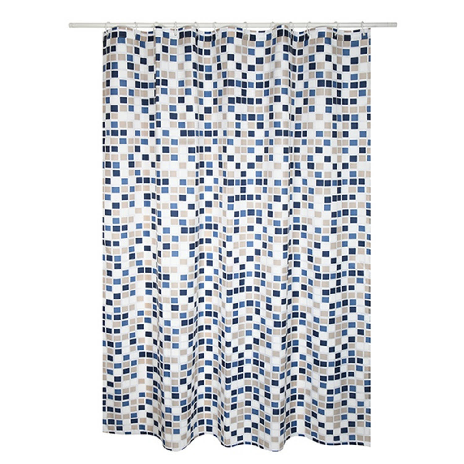 MSV Douchegordijn met ringen wit-blauw mozaiek print Polyester 180 x 200 cm wasbaar Douchegordijnen