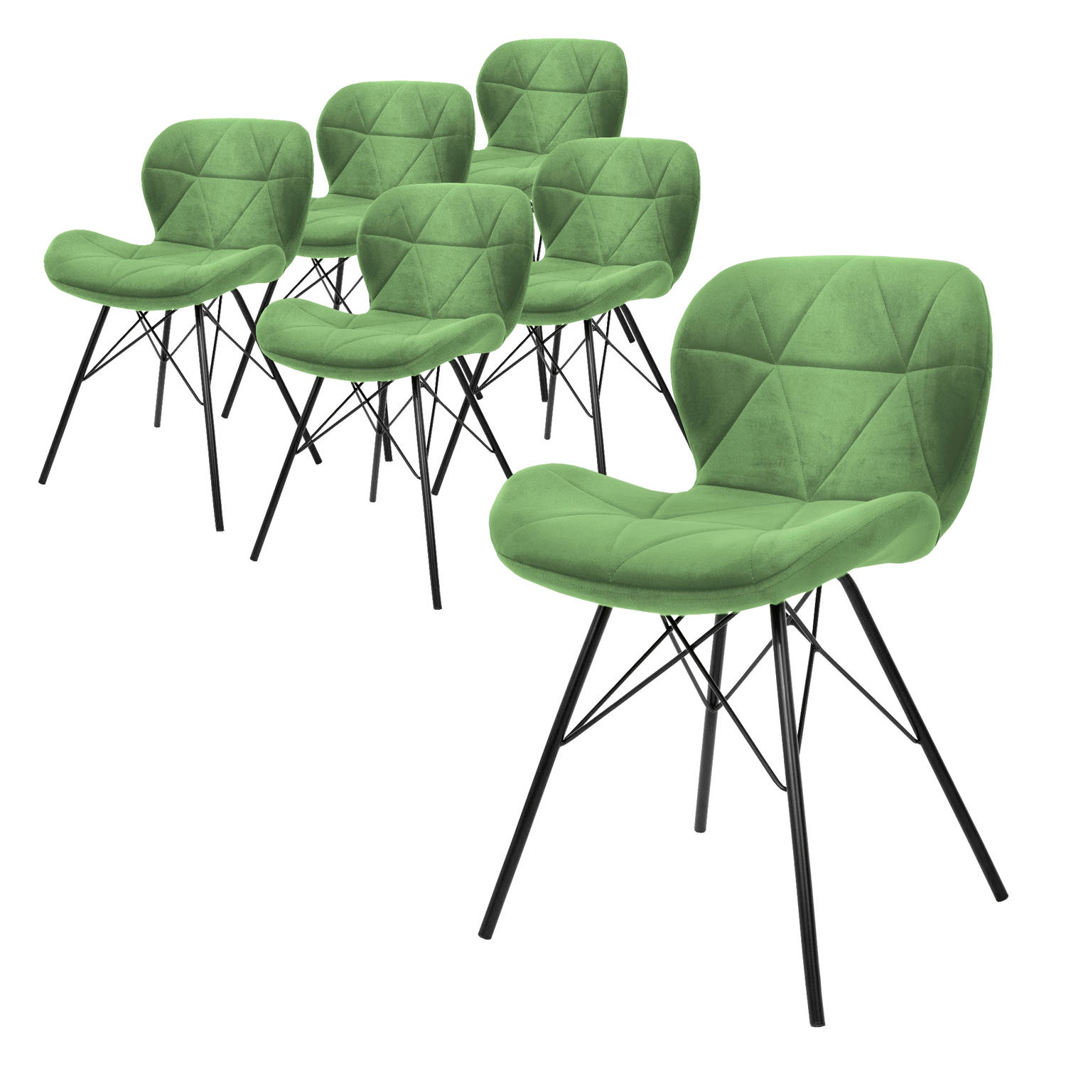 ML-Design set van 6 eetkamerstoelen met rugleuning, groen, keukenstoel met fluwelen bekleding, gestoffeerde stoel met metalen poten, ergonomische stoel voor eettafel, woonkamerstoe