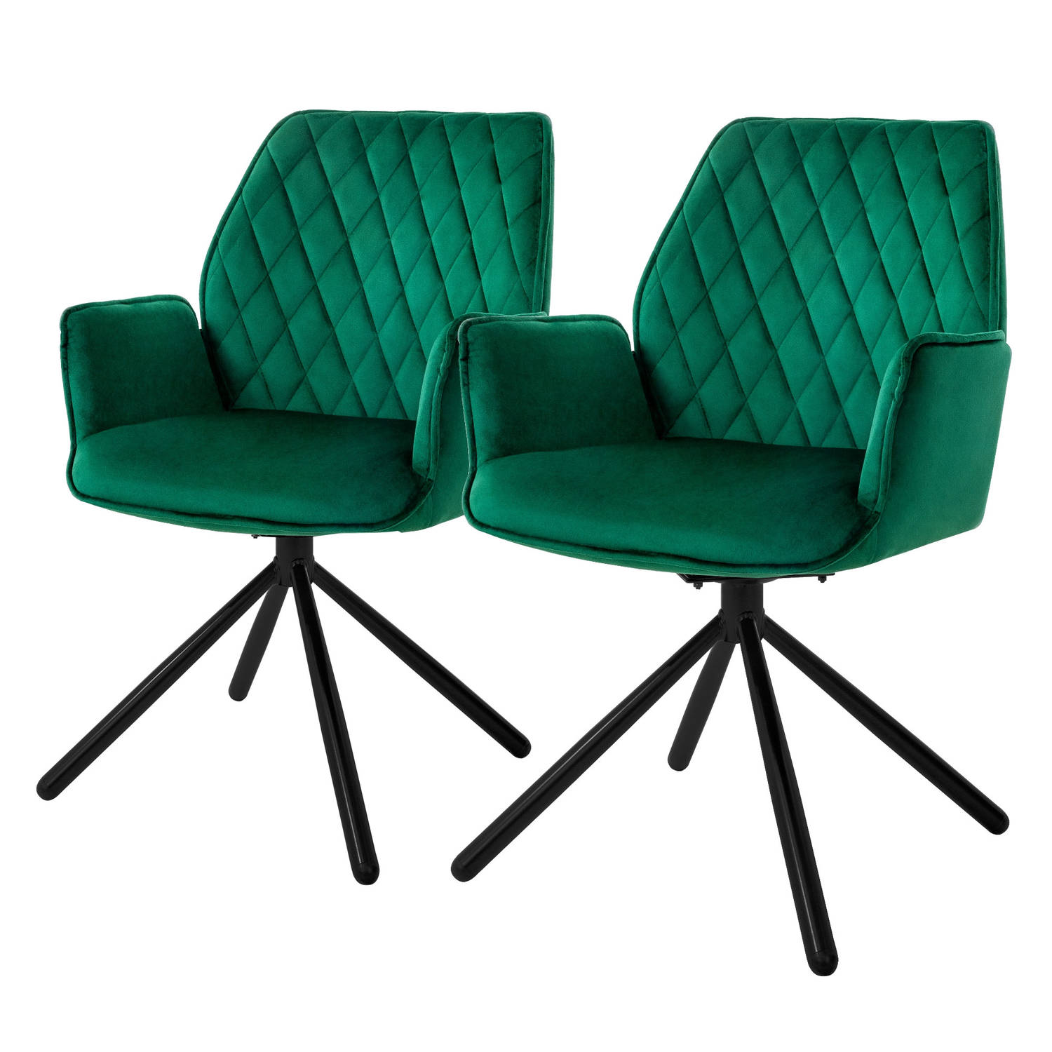 ML-Design eetkamerstoelen set van 2 fluweel donkergroen, woonkamerstoel met arm en rugleuning, draaistoel, gestoffeerde stoel met metalen poten, ergonomische draaifauteuil, keukens