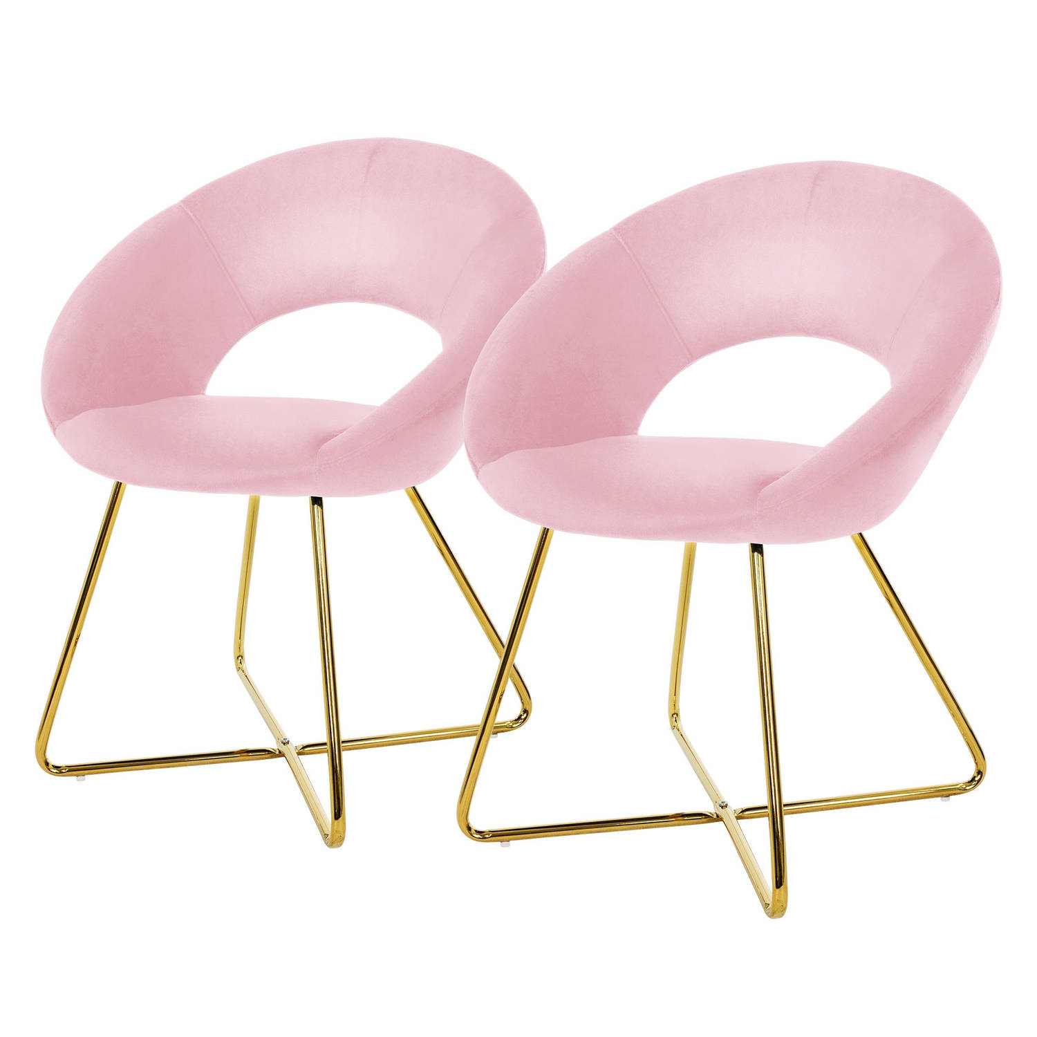 ML-Design eetkamerstoelen set van 2 roze fluweel, woonkamerstoel met ronde rugleuning, gestoffeerde stoel met gouden metalen poten, ergonomische eettafel fauteuil, keukenstoel kuip