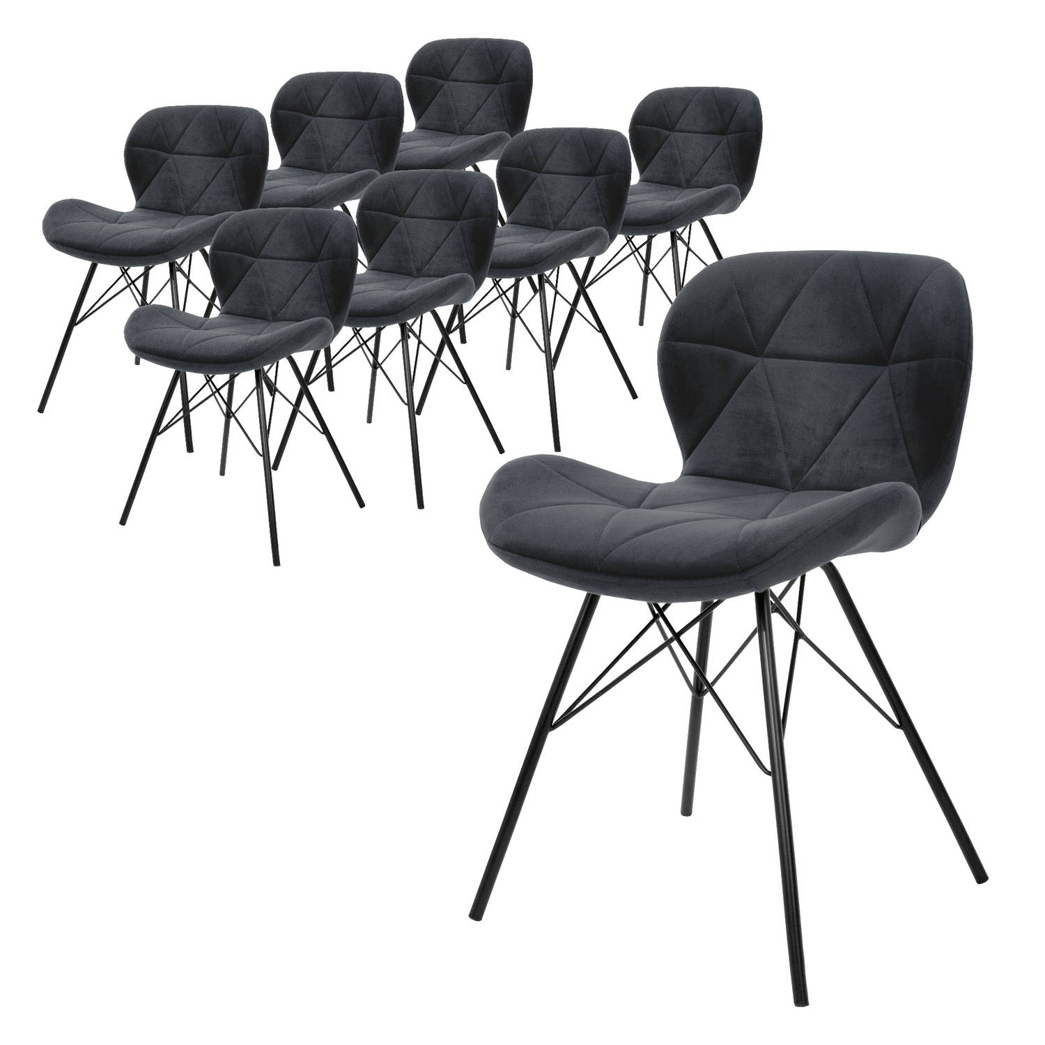ML-Design Set van 8 eetkamerstoelen met rugleuning, antraciet, keukenstoel met fluwelen bekleding, gestoffeerde stoel met metalen poten, ergonomische stoel voor eettafel, woonkamer