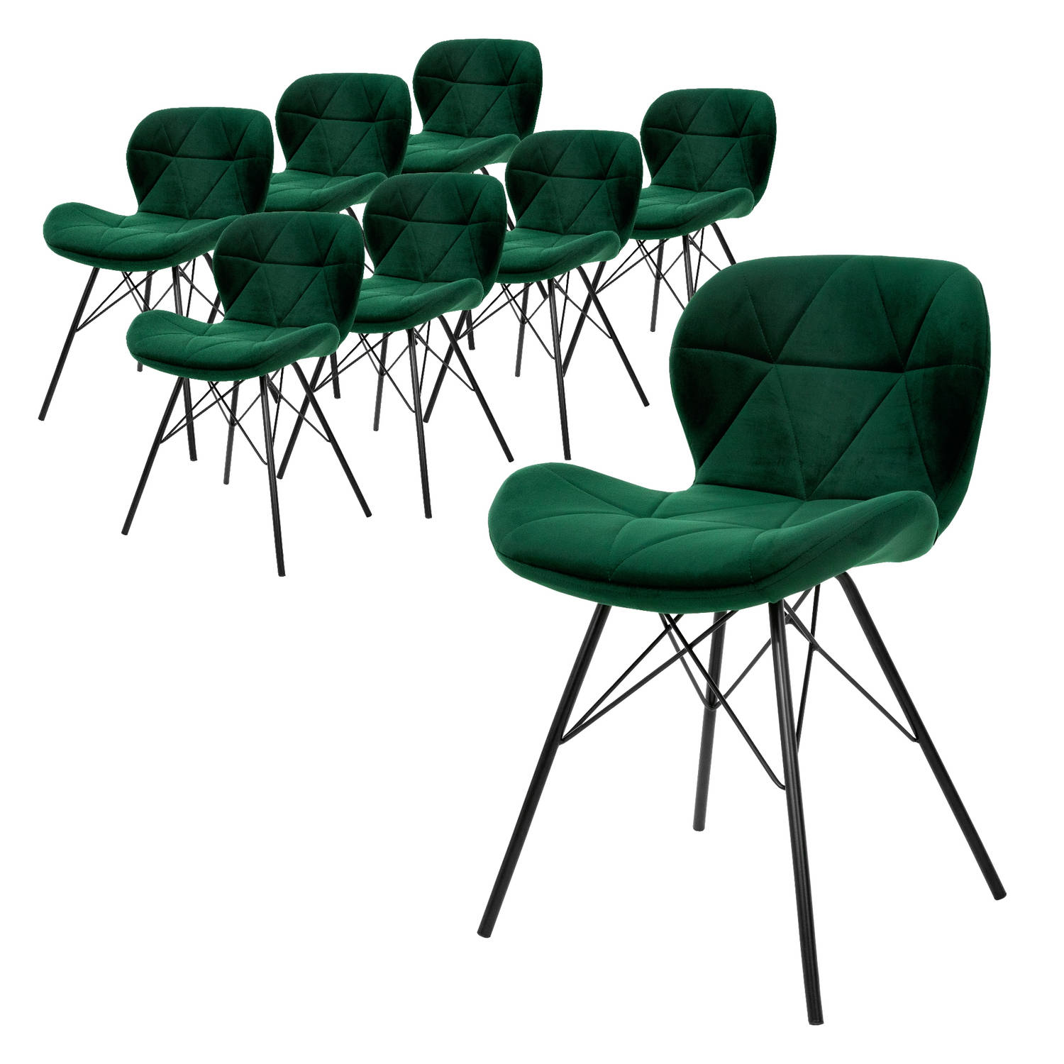 ML-Design set van 8 eetkamerstoelen met rugleuning, donkergroen, keukenstoel met fluwelen bekleding, gestoffeerde stoel met metalen poten, ergonomische stoel voor eettafel woonkame