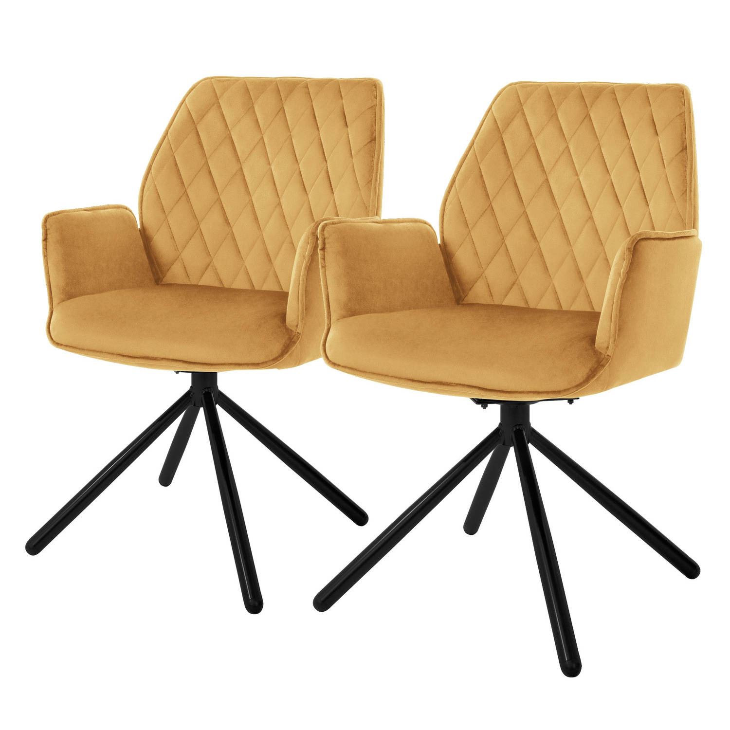 ML-Design eetkamerstoelen set van 2 fluwelen mosterdgeel, woonkamerstoel met arm en rugleuning, draaistoel autostoel, gestoffeerde stoel met metalen poten, ergonomische, keukenstoe