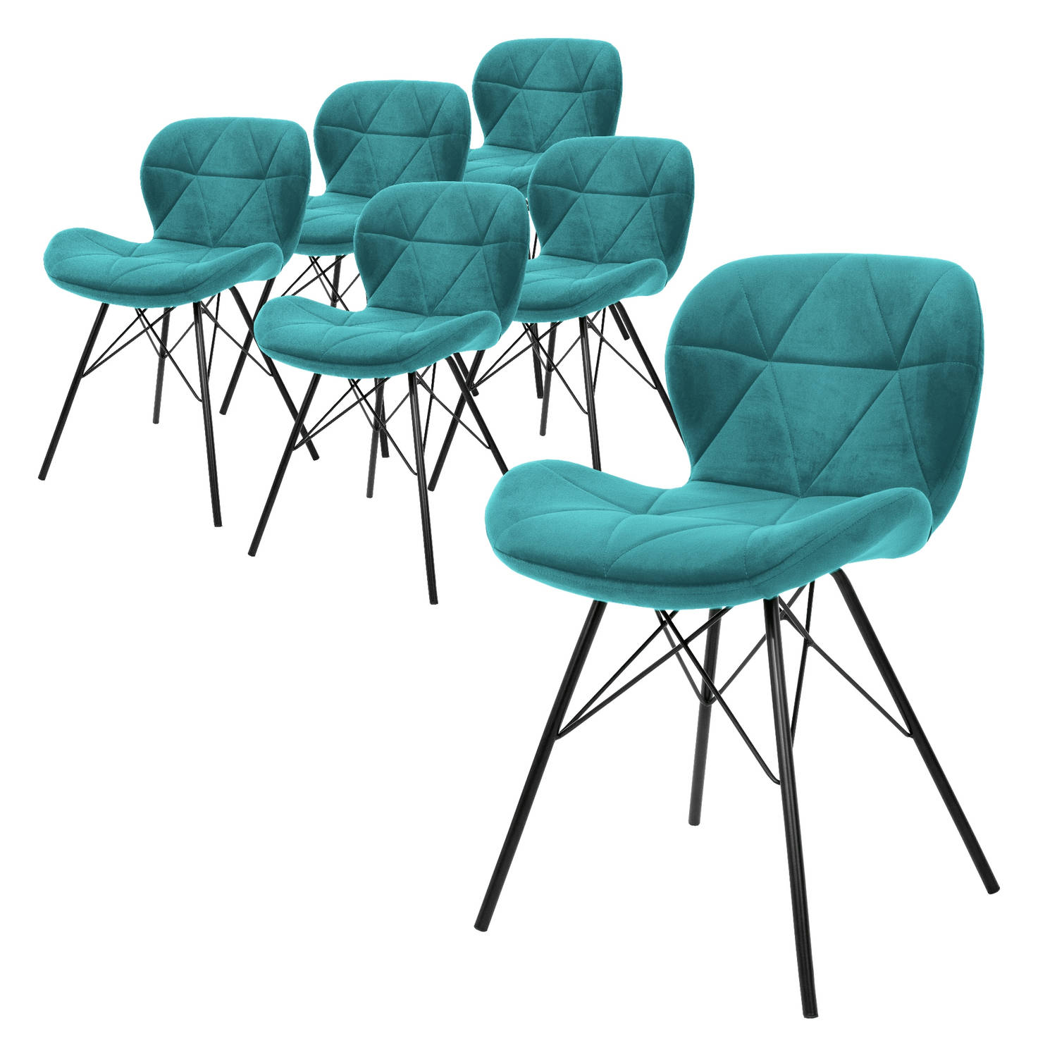 ML-Design Set van 6 eetkamerstoelen met rugleuning, turquoise, keukenstoel met fluwelen bekleding, gestoffeerde stoel met metalen poten, ergonomische stoel voor eettafel, woonkamer