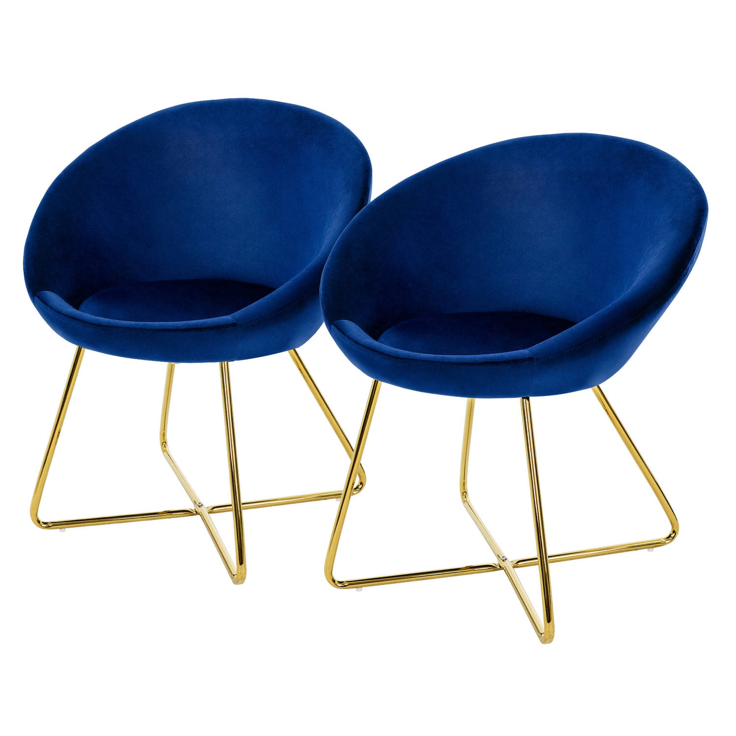 ML-Design eetkamerstoelen set van 2 fluweel, blauw, woonkamerstoel met ronde rugleuning, gestoffeerde stoel met goudkleurige metalen poten, ergonomische eettafel fauteuil, keukenst