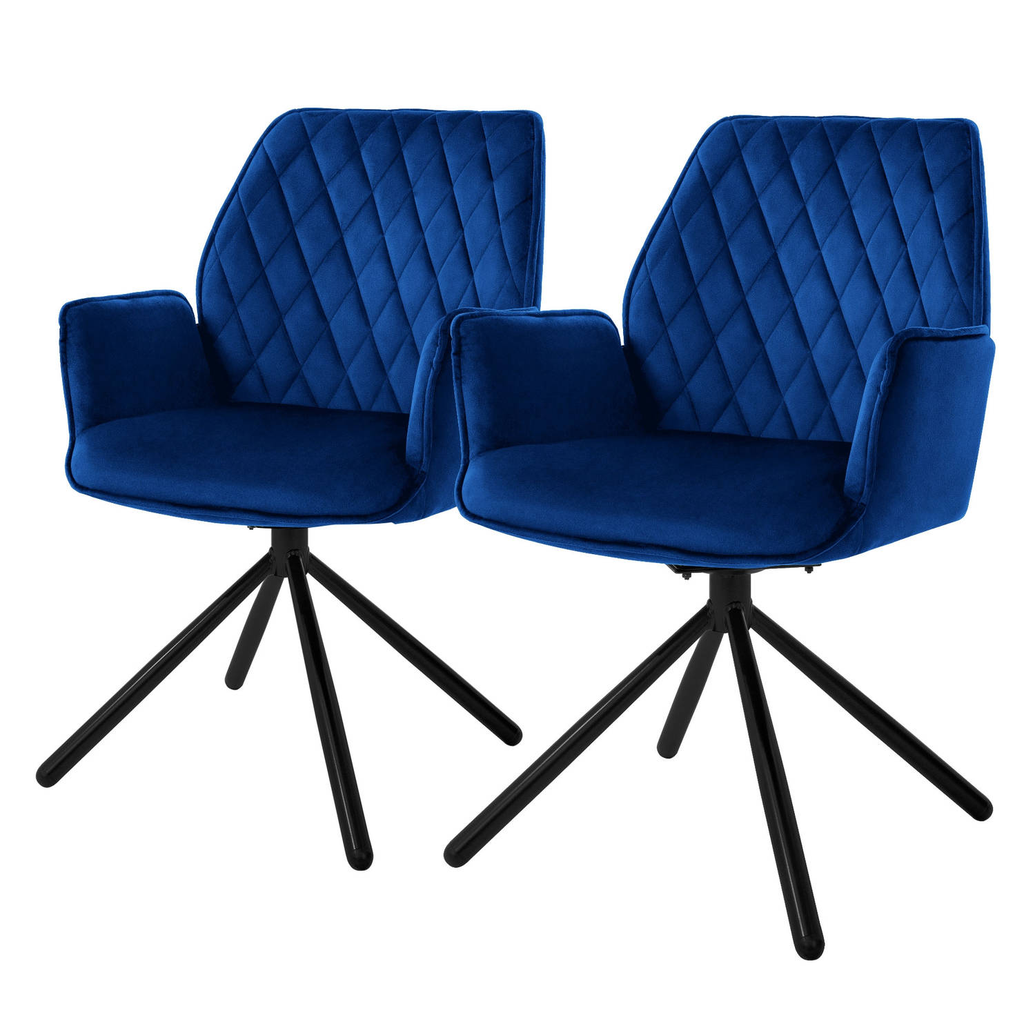 ML-Design eetkamerstoelen set van 2 fluweel donkerblauw, woonkamerstoel met arm en rugleuning, draaistoel, gestoffeerde stoel met metalen poten, ergonomische draaifauteuil, keukens