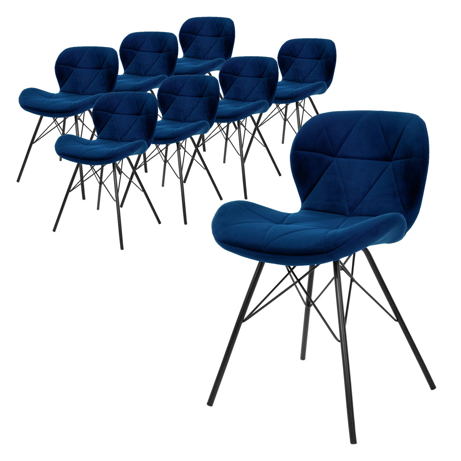 ML-Design Set van 8 eetkamerstoelen met rugleuning, blauw, keukenstoel met fluwelen bekleding, gestoffeerde stoel met metalen poten, ergonomische stoel voor eettafel, woonkamerstoe