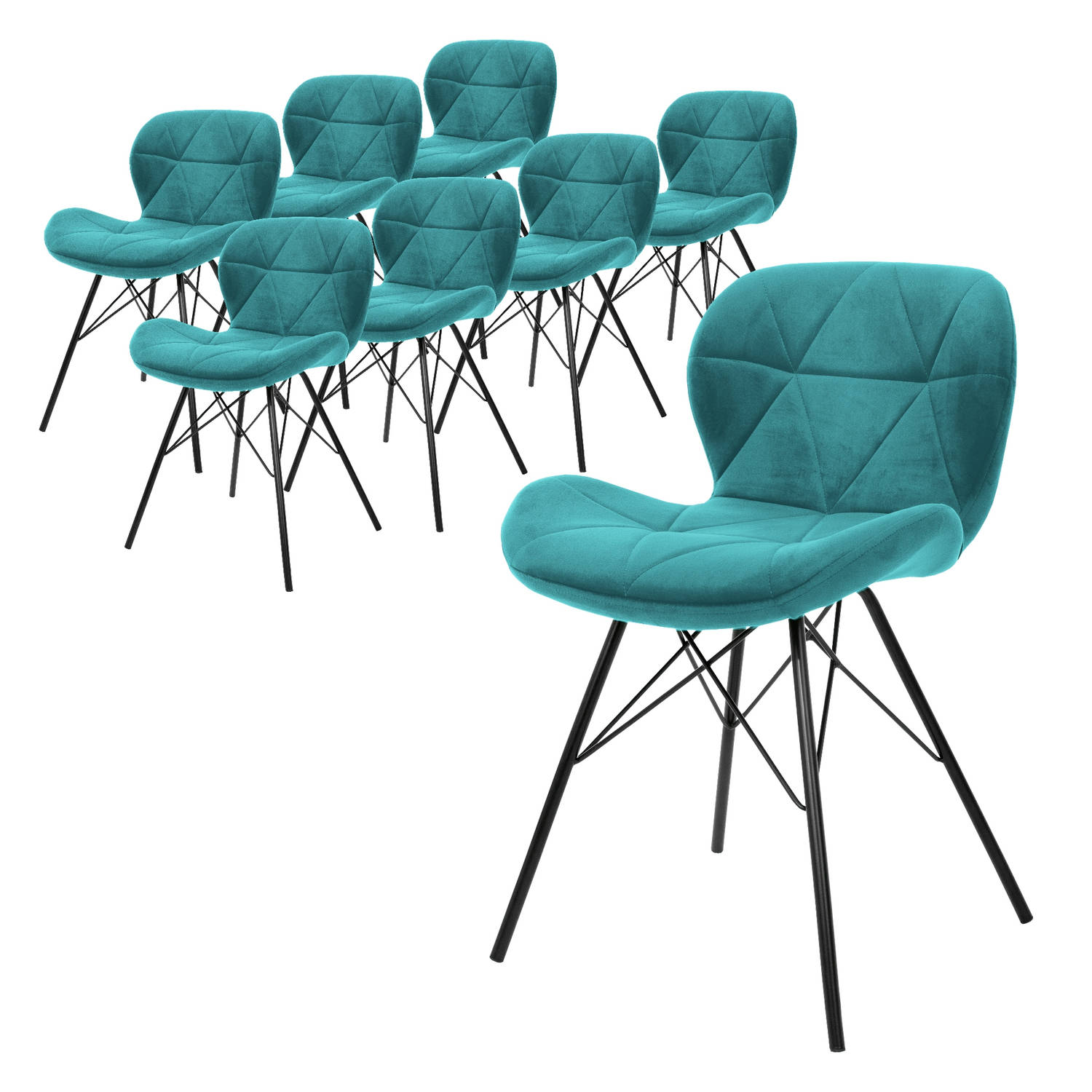 ML-Design Set van 8 eetkamerstoelen met rugleuning, turquoise, keukenstoel met fluwelen bekleding, gestoffeerde stoel met metalen poten, ergonomische stoel voor eettafel, woonkamer