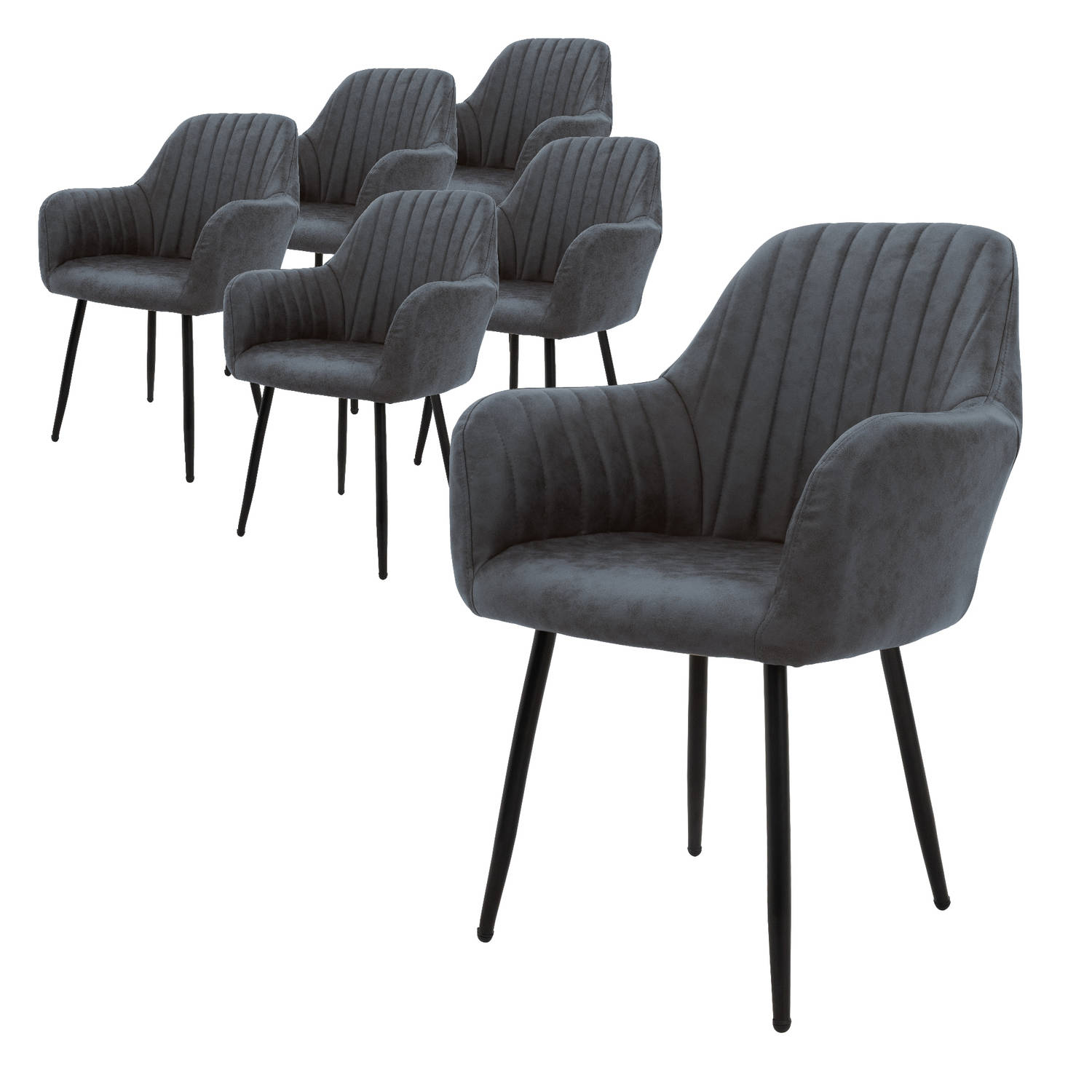ML-Design set van 6 eetkamerstoelen met rugleuning en armleuningen, antraciet, keukenstoelen met PU kunstlederen bekleding, gestoffeerde stoelen met metalen poten, ergonomische woo