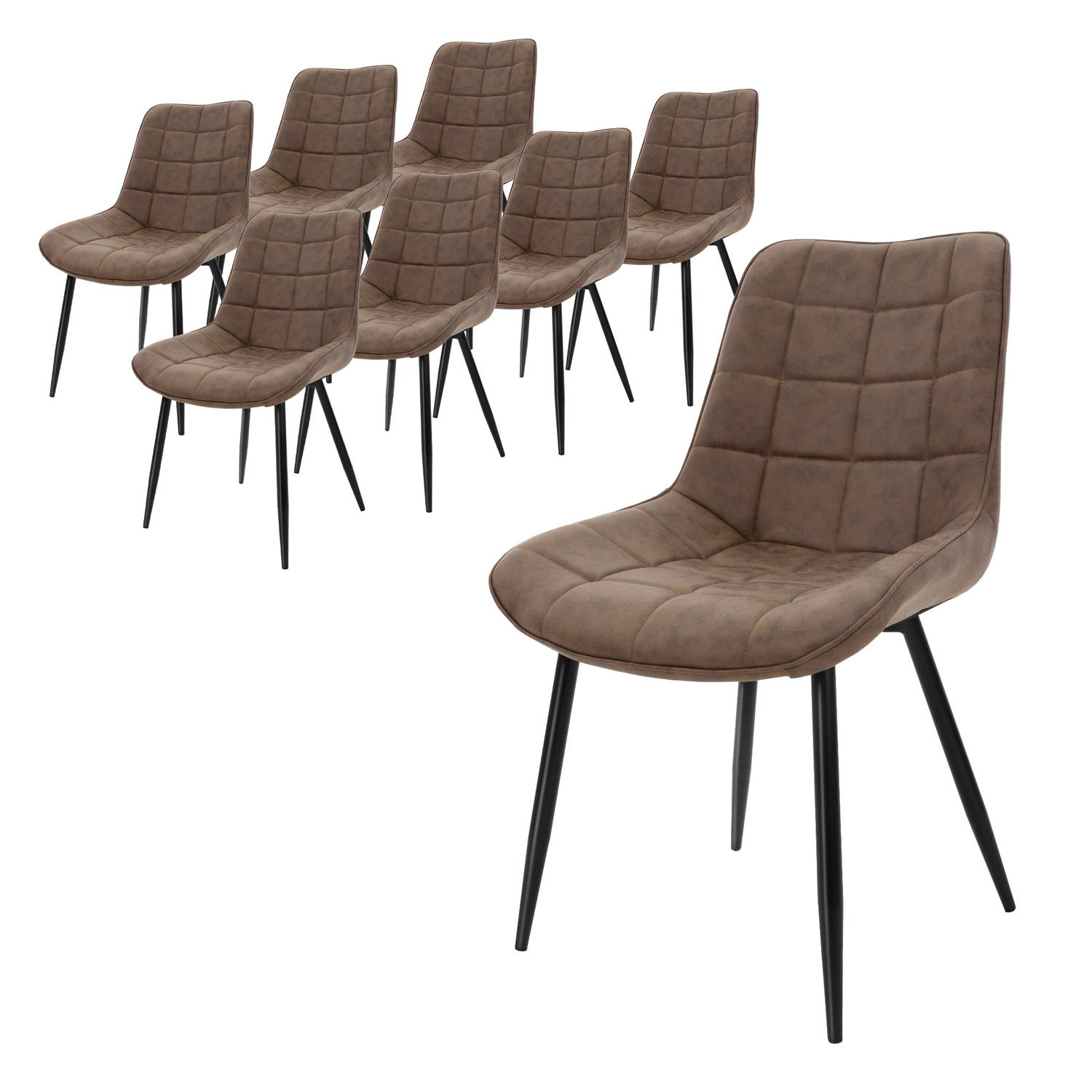 ML-Design Set van 8 eetkamerstoelen met rugleuning, bruin, keukenstoel met kunstleren bekleding, gestoffeerde stoel met metalen poten, ergonomische eettafelstoel, woonkamerstoel ke