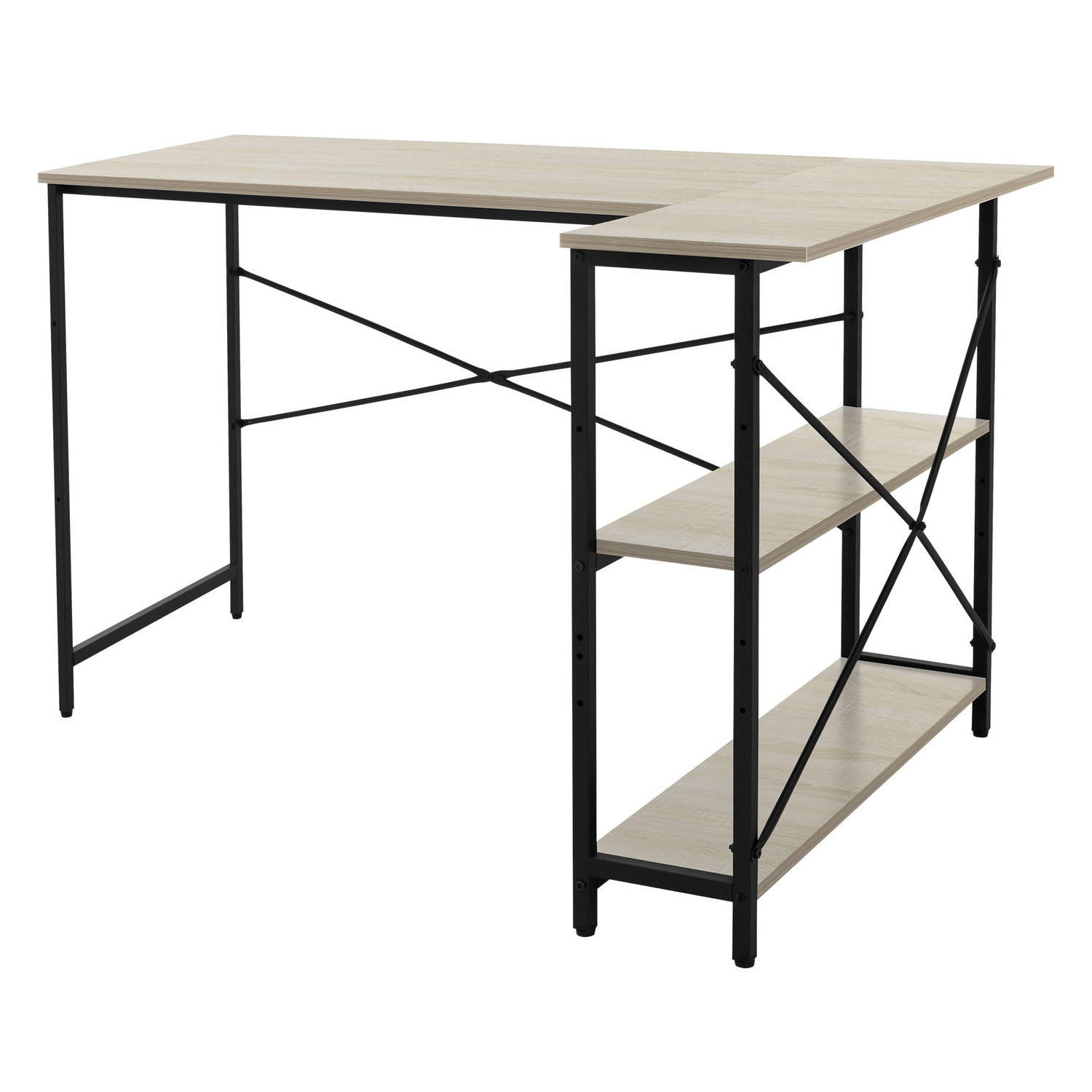 L-vormig bureau aan beide zijden monteerbaar 120x89x75 cm eiken met legplank ML design