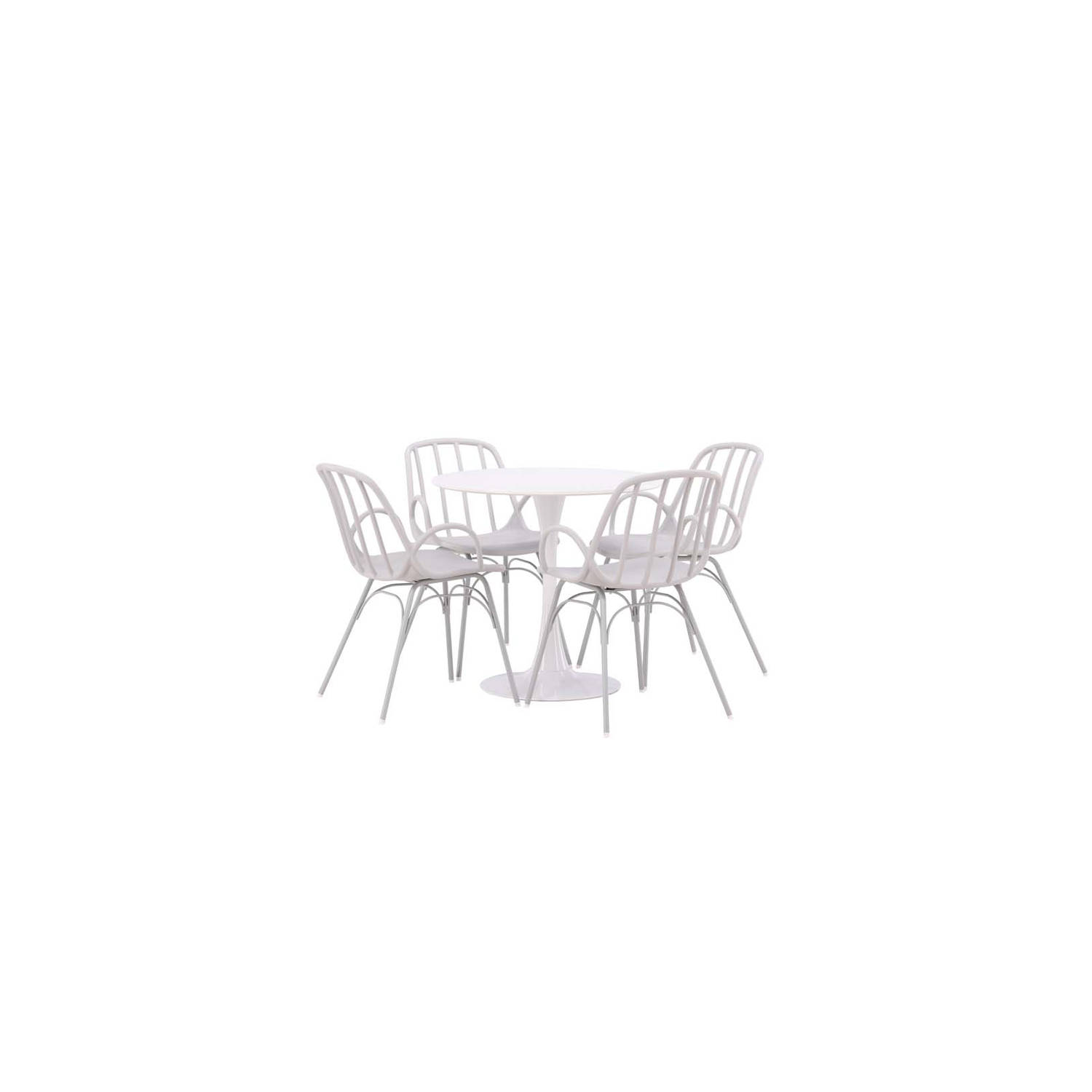 Hamden eethoek tafel wit en 4 Dyrön stoelen grijs.