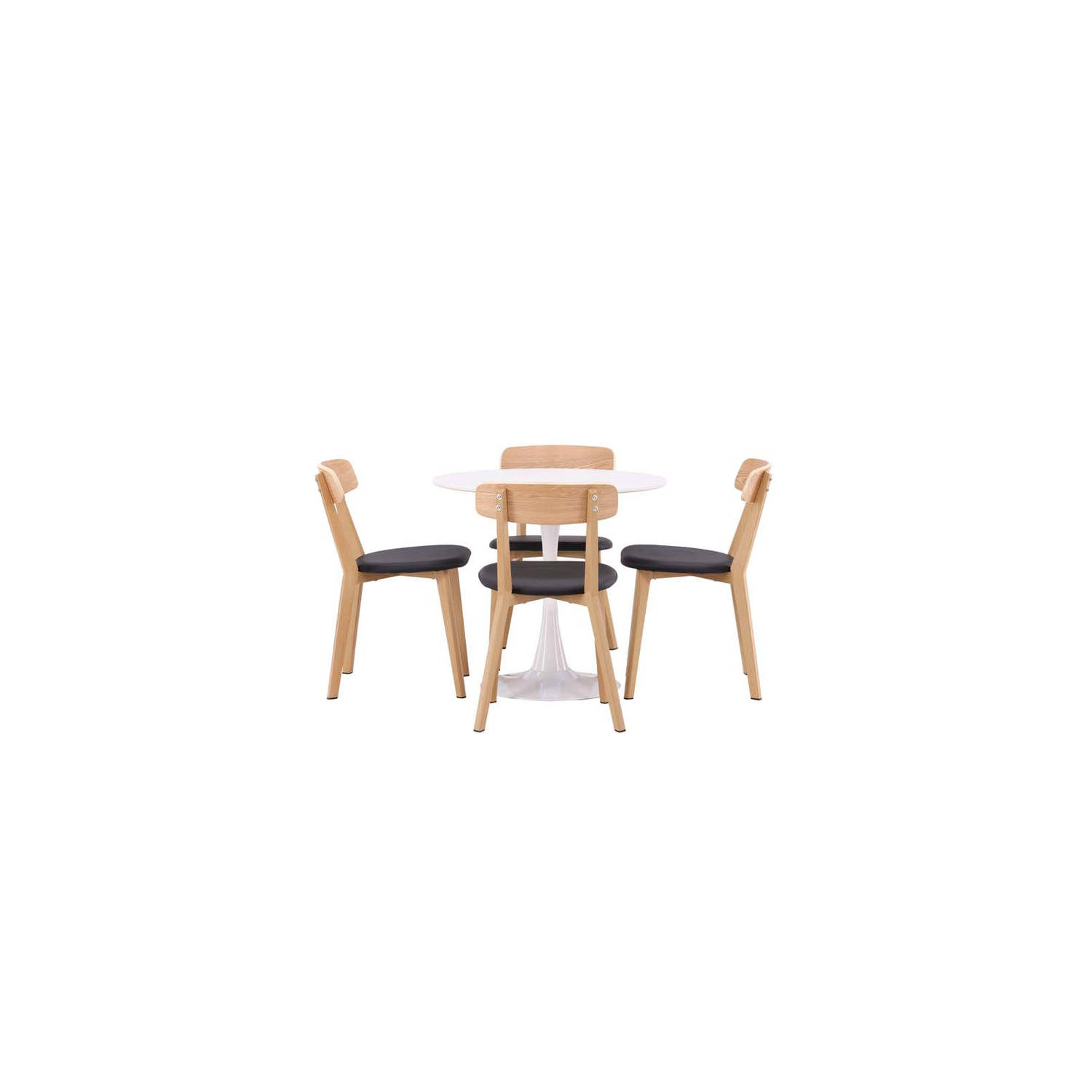 Hamden eethoek tafel wit en 4 Sanjos stoelen naturel.