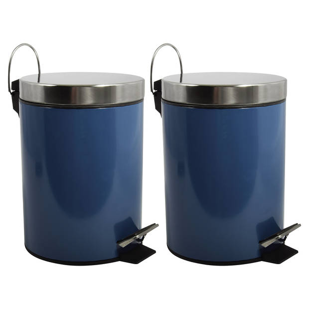 MSV Prullenbak/pedaalemmer - 2x - metaal - marine blauw - 3 liter - 17 x 25 cm - Badkamer/toilet - Pedaalemmers