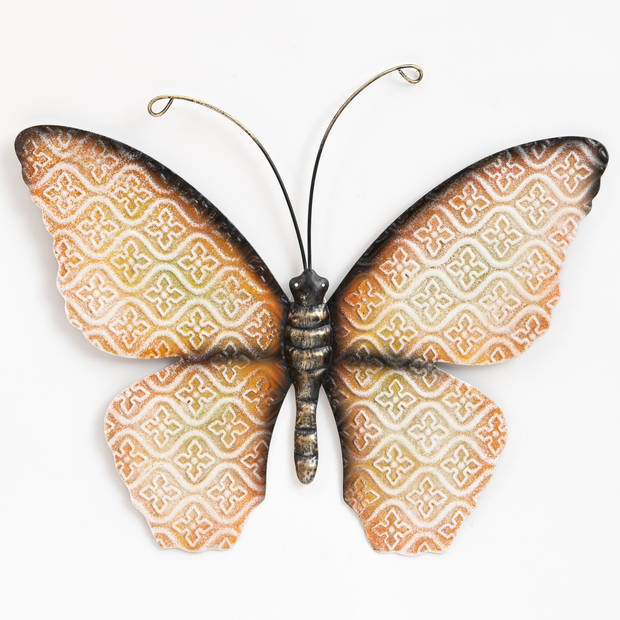 Anna Collection Wanddecoratie vlinders - 2x - groen/oranje - 32 x 24 cm - metaal - muurdecoratie - Tuinbeelden